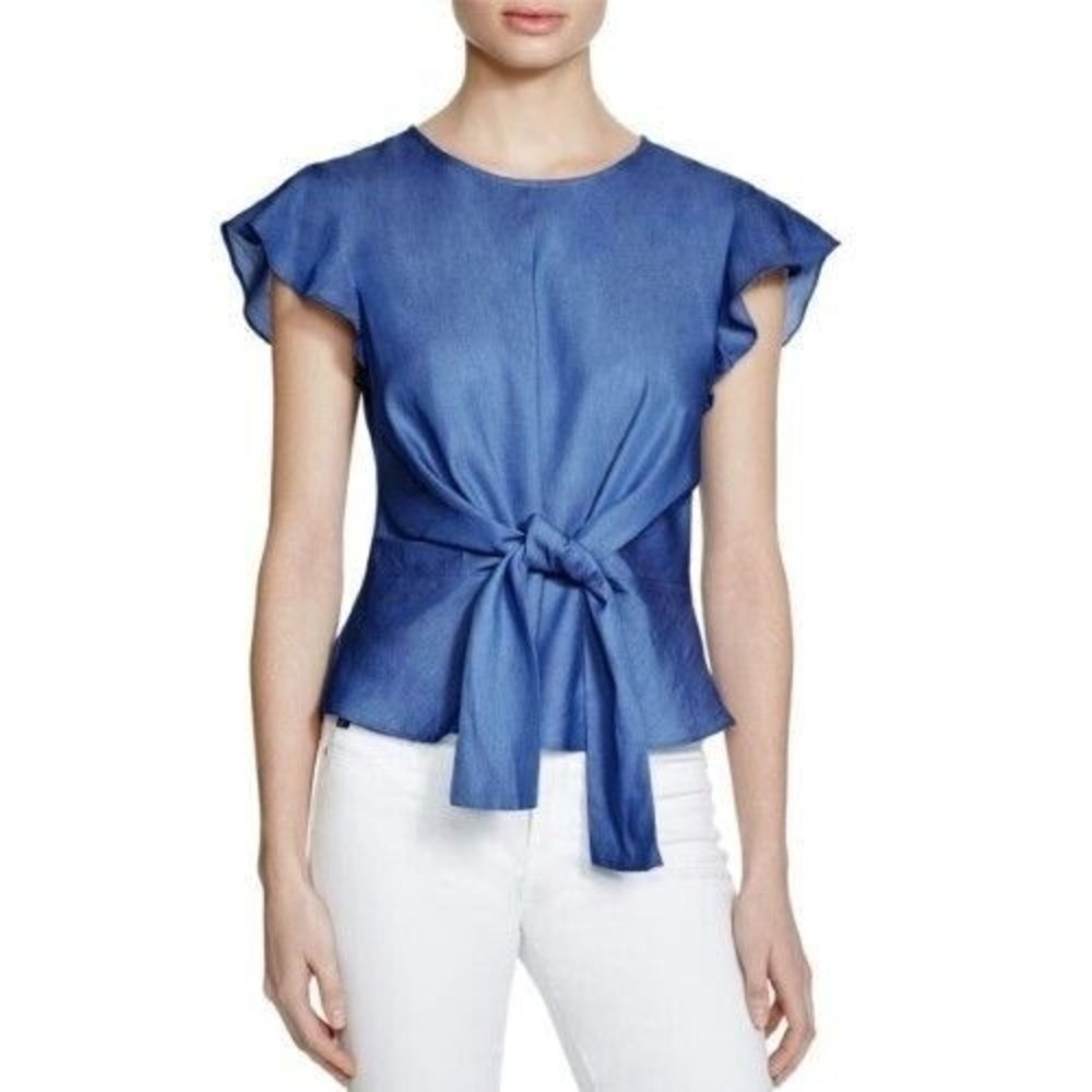 LUCY PARIS X REVOLVE  Womens Belted Ruffle Sleeve Casual Top, Blue Size XS NWOT